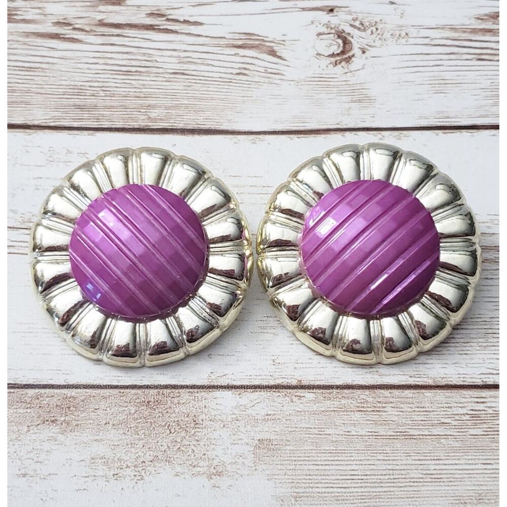 Vintage Clip On Earrings Large Statement Unusual Purple & Light Gold Tone 1.75"